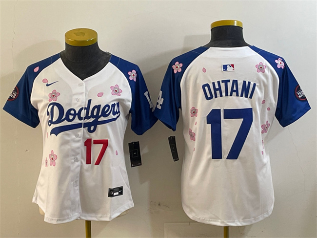 Women's Los Angeles Dodgers #17 Shohei Ohtani White/Royal 2025 Tokyo Series Limited Stitched Baseball Jersey(Run Small)